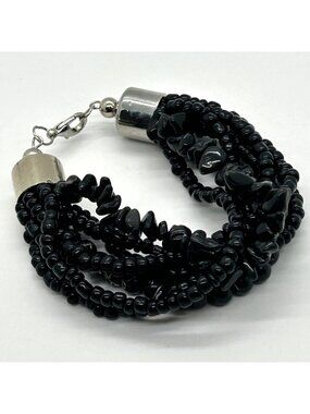 Chunky Black Beaded Multi-Strand Bracelet With Silver-Tone Boho Gothic Statement
